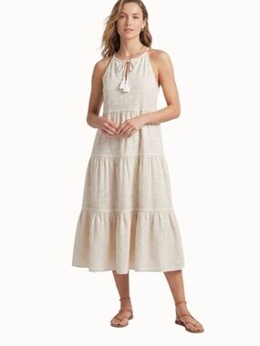 Vineyard Vines Embroidered Linen Notch Necked Tiered Midi Dress Tan White Small